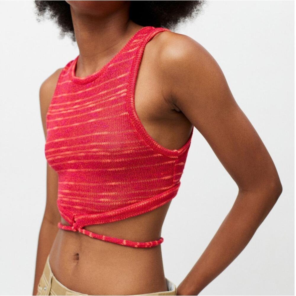 Urban Outfitters Urban Renewal Remnants pink crochet knit reworked tie-back top